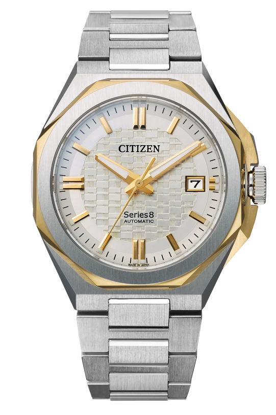 Citizen Series8 automatic watch with two-tone stainless steel case and bracelet, white dial with gold-tone hands and hour mar