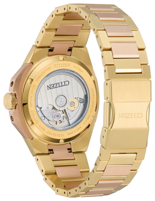 Citizen Series8 39mm watch with two-tone gold and rose gold stainless steel bracelet, white dial, and visible mechanical move