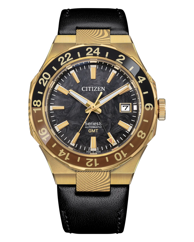 Gold-tone stainless steel watch with black dial, GMT bezel, date window, and black leather strap.