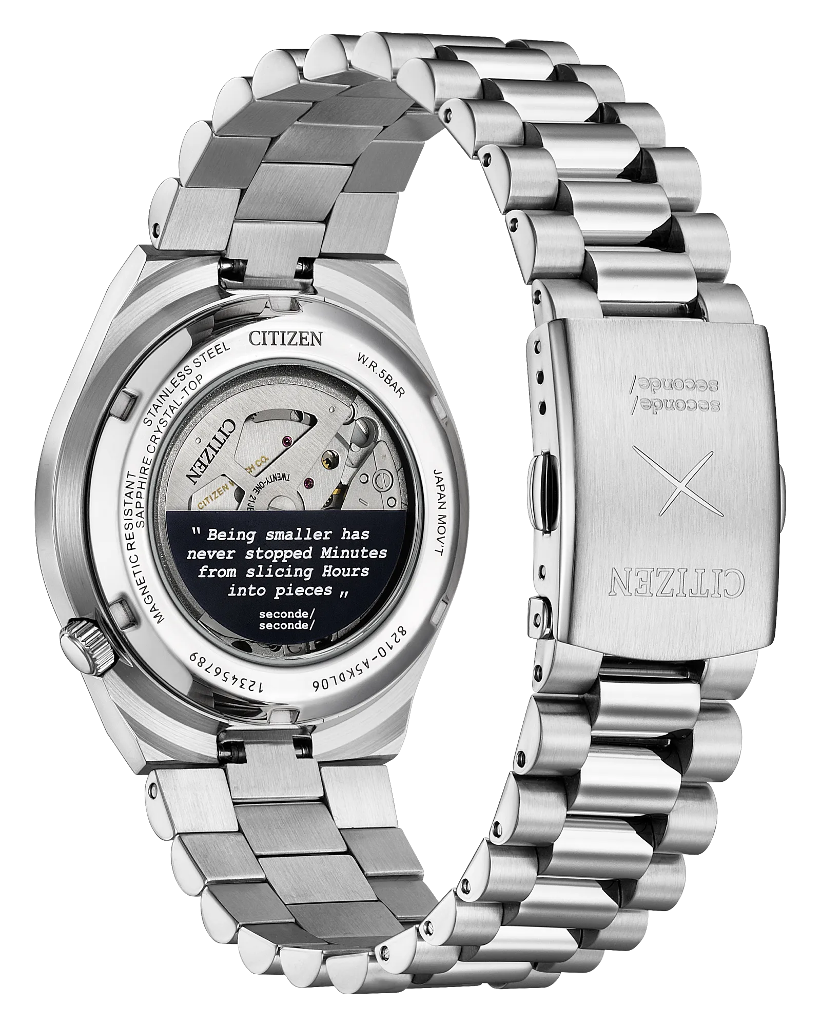 Silver watch with a detailed face and brand name on a white background