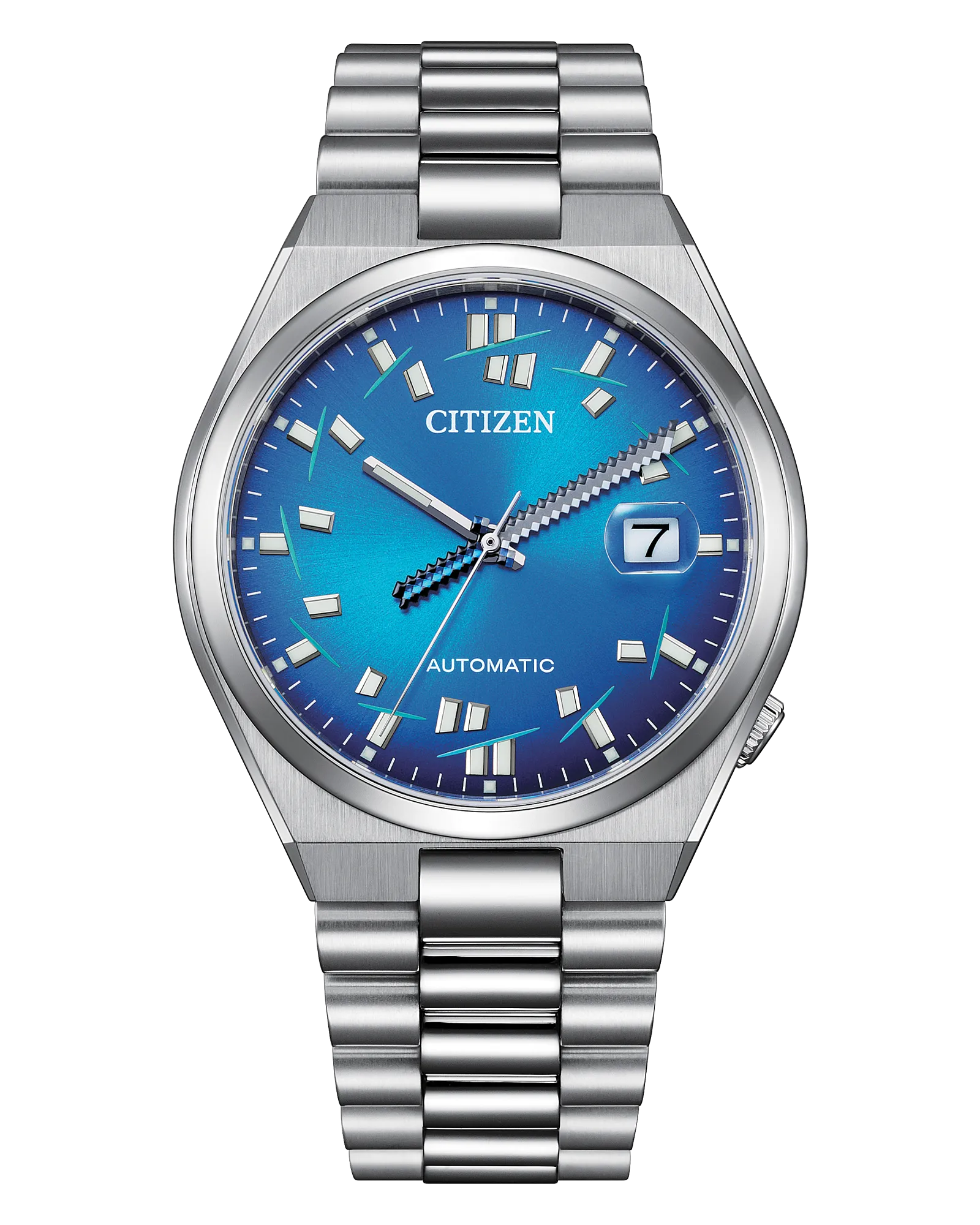 Silver Citizen watch with a blue face on a white background