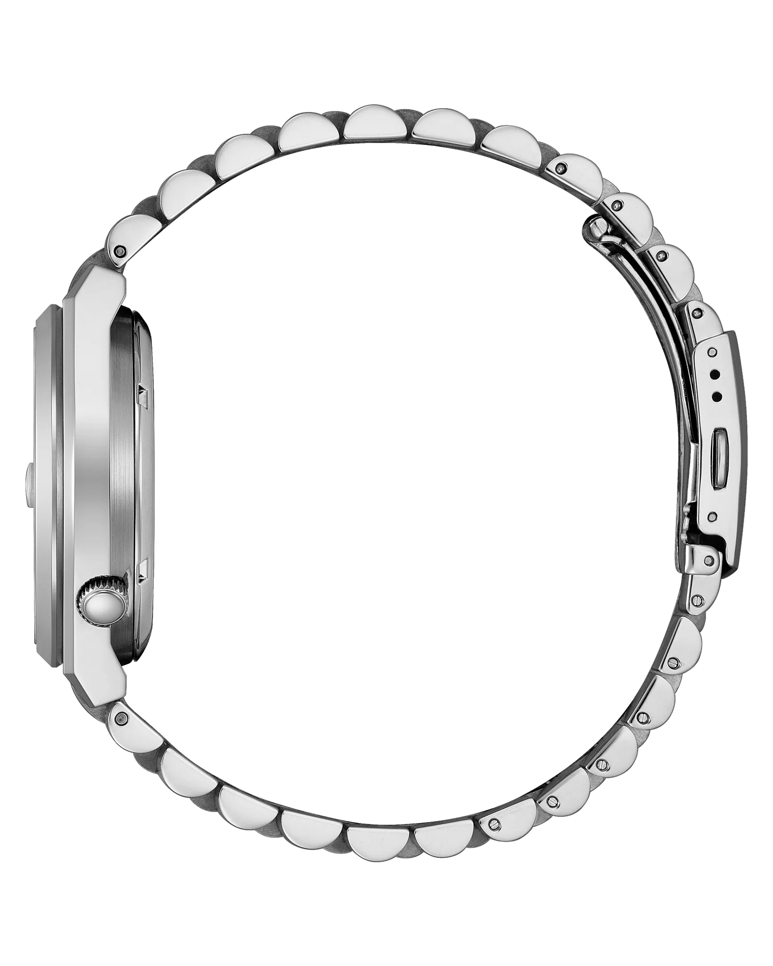 Silver watch with beaded band on a white background