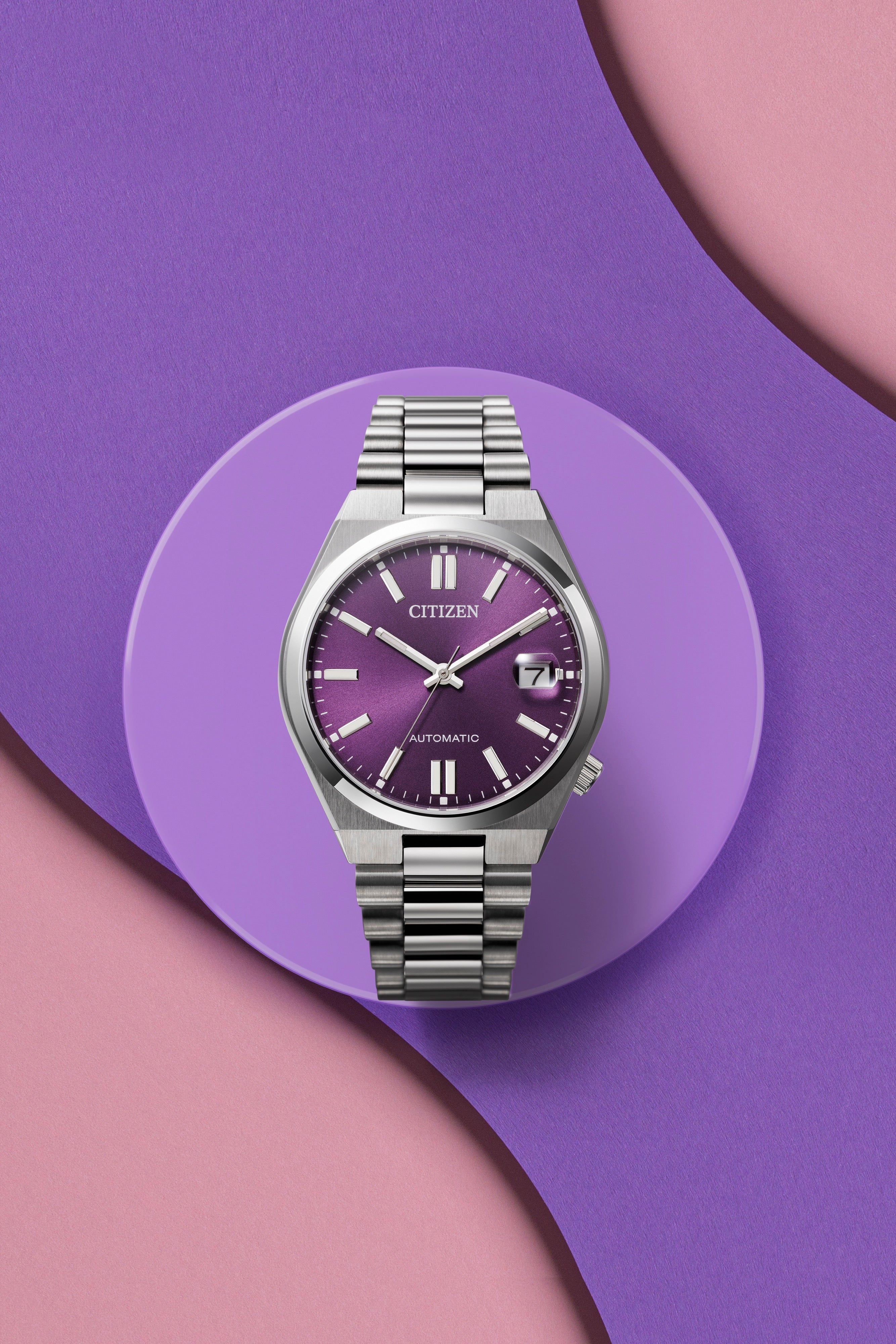 ピンク　パープル　パイナップル　クォーツ Citizen Tsuyosa Steel 37 mm Auto