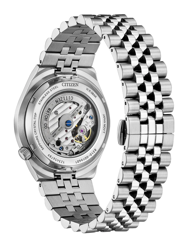 Citizen Tsuyosa 60 stainless steel automatic watch with 40mm case and two-tone bracelet, shown from back and side views.