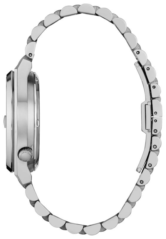 Stainless steel watch with rectangular case, segmented bracelet band, and crown on left side.