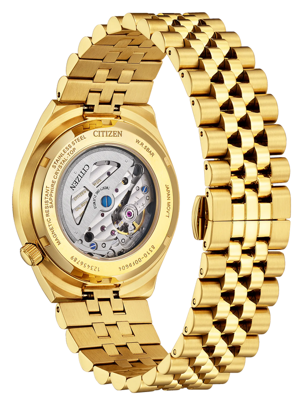Gold-tone stainless steel watch with visible mechanical movement through exhibition caseback and matching three-link bracelet