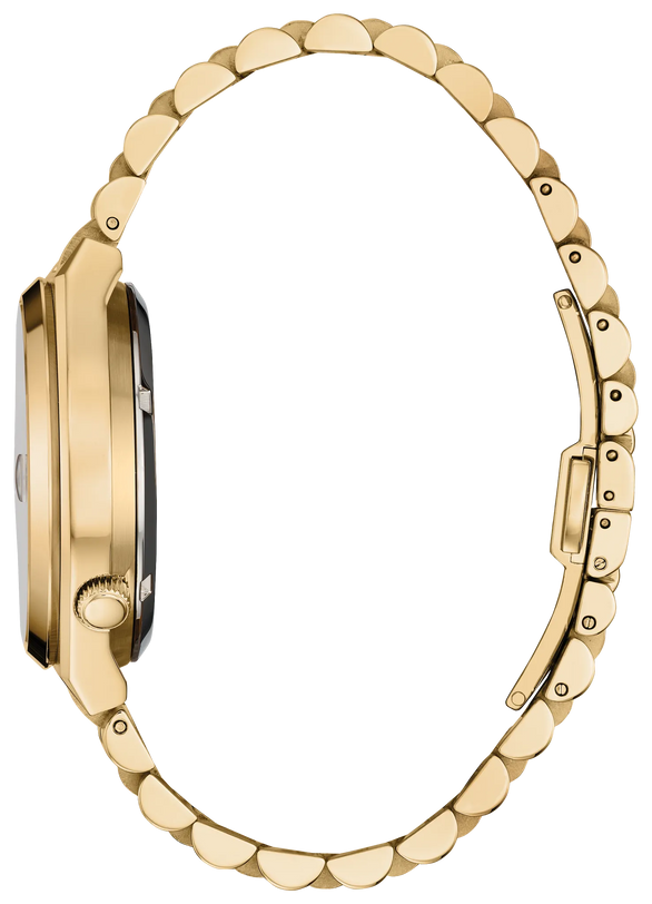 Gold-tone stainless steel watch with scalloped link bracelet and black rectangular dial, shown from the side.