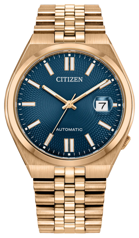 Citizen Tsuyosa 60 automatic watch with rose gold-tone stainless steel case and bracelet, blue dial with date window.