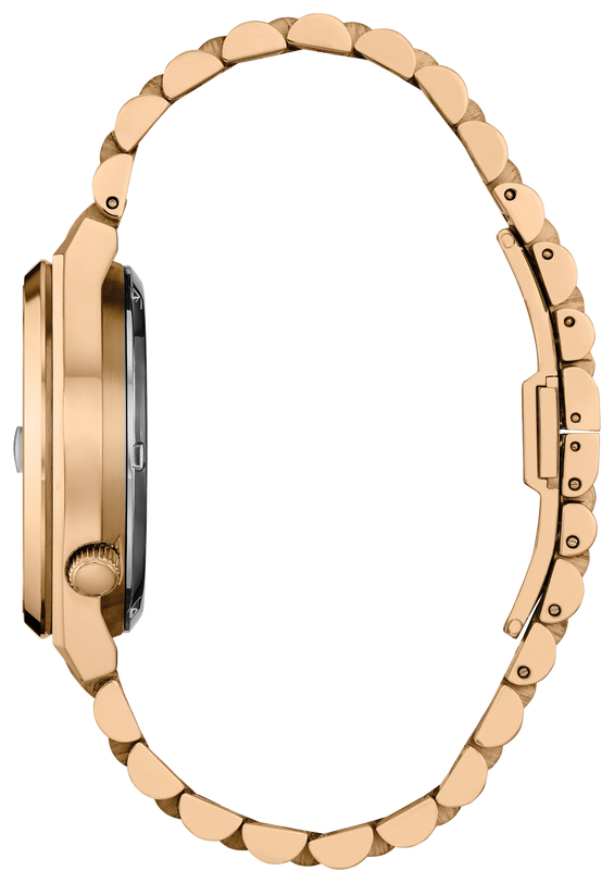 Rose gold-tone stainless steel watch with scalloped link bracelet and black rectangular dial.