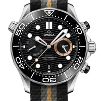 Omega watch with black dial and striped strap on white background