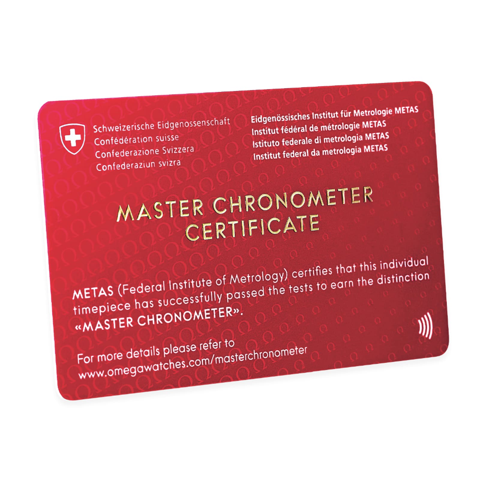 A red METAS Master Chronometer Certificate card confirms the OMEGA Seamaster Diver 300M has passed certification tests by the Federal Institute of Metrology.