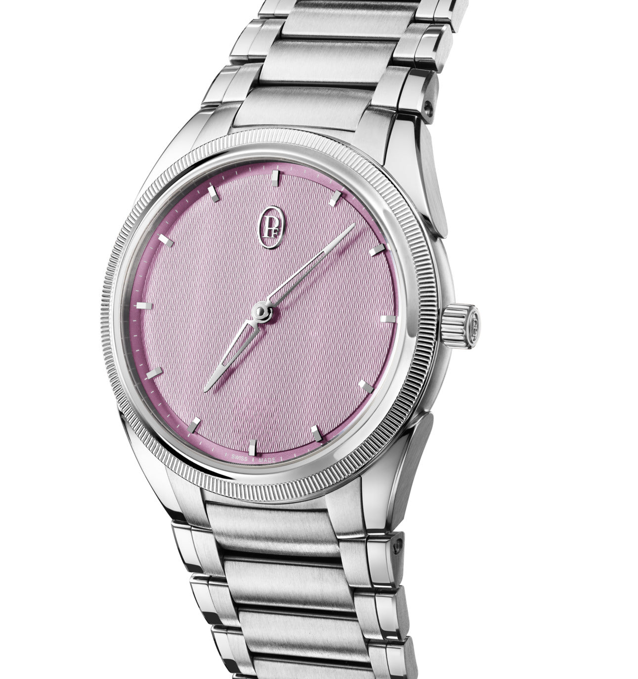Silver watch with a pink face on a white background