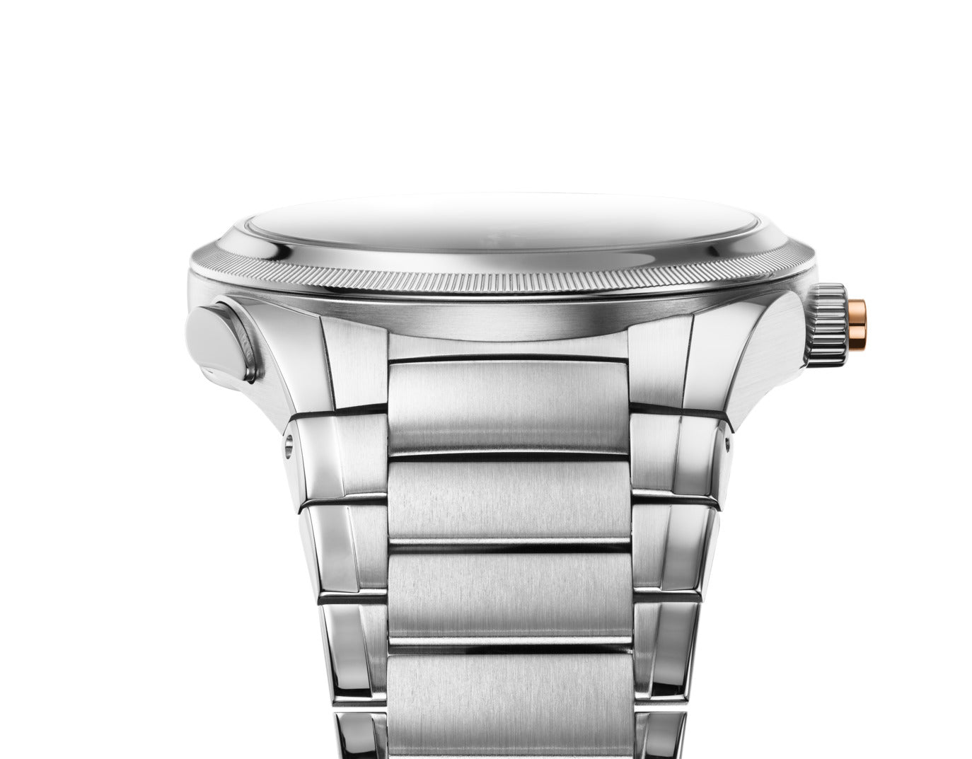 Silver watch with a detailed band on a white background