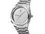 Silver wristwatch with a white face on a white background