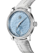 Watch with a light blue face and white leather strap on a white background