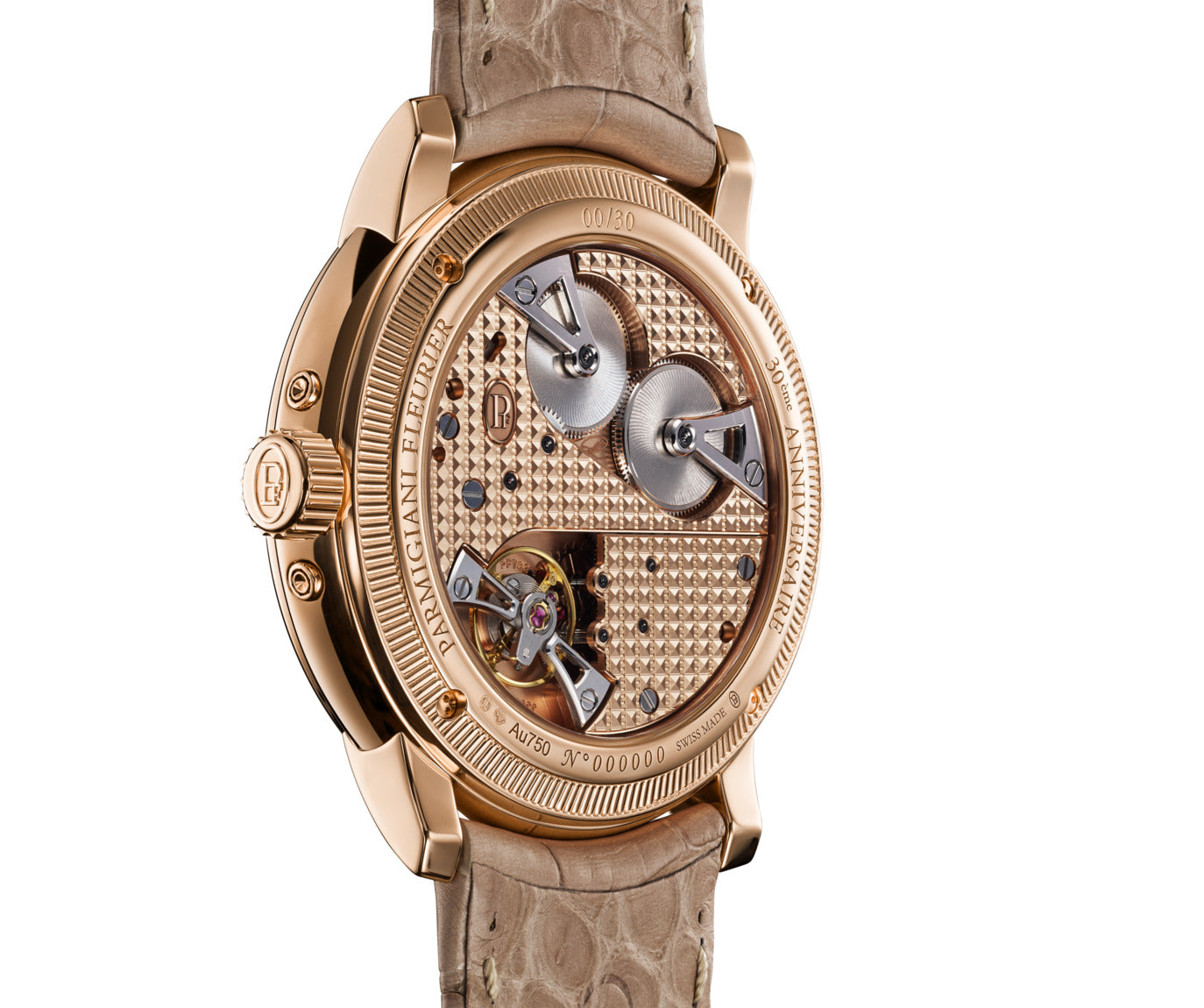 Luxury watch with visible mechanical components on a white background