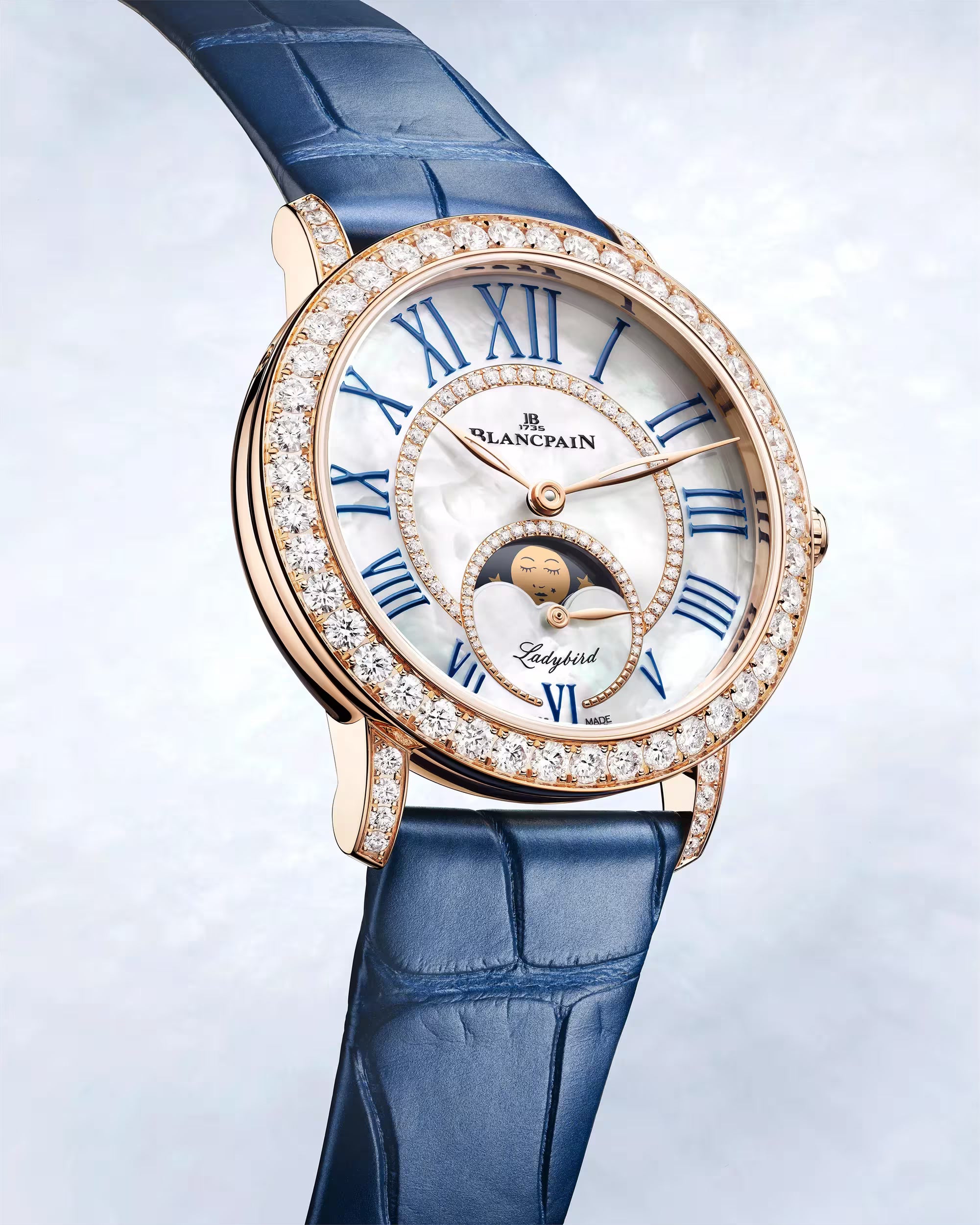 Ladybird Colors Phases de Lune | 34.9mm, Mother-of-pearl set dial with diamond, Alligator leather Strap,