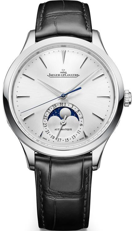 The Jaeger-LeCoultre Master Ultra Thin Moon is a silver wristwatch with a black leather strap, minimalist hour markers, and a moon phase and date subdial at 6 o'clock, featuring “Automatique” on the dial.