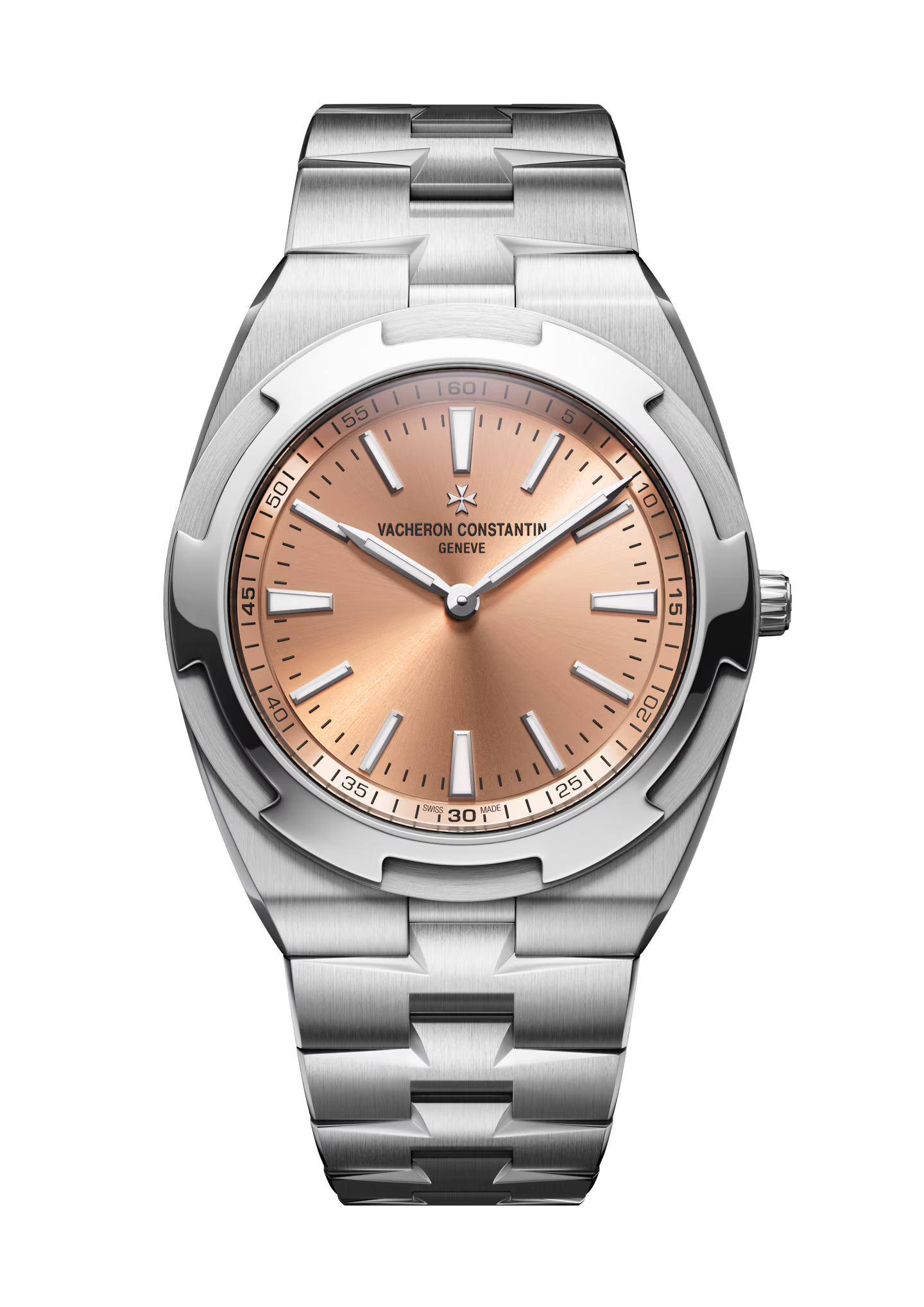 Stainless steel watch with salmon dial, silver hour markers, and matching metal bracelet.