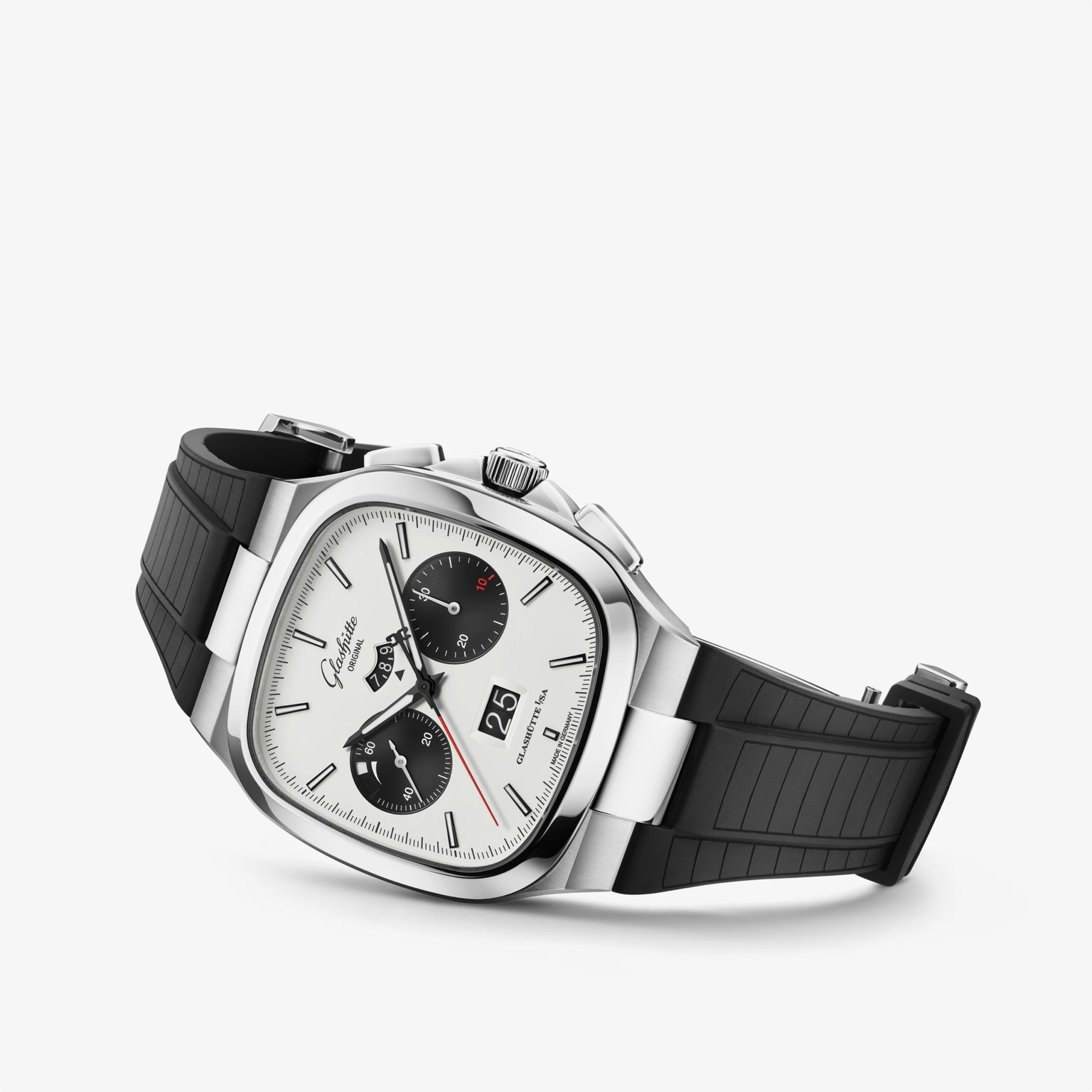Glashütte Original Seventies Chronograph Panorama Date: a silver watch featuring a white dial, black subdials, and a black rubber strap, displayed on a white background.