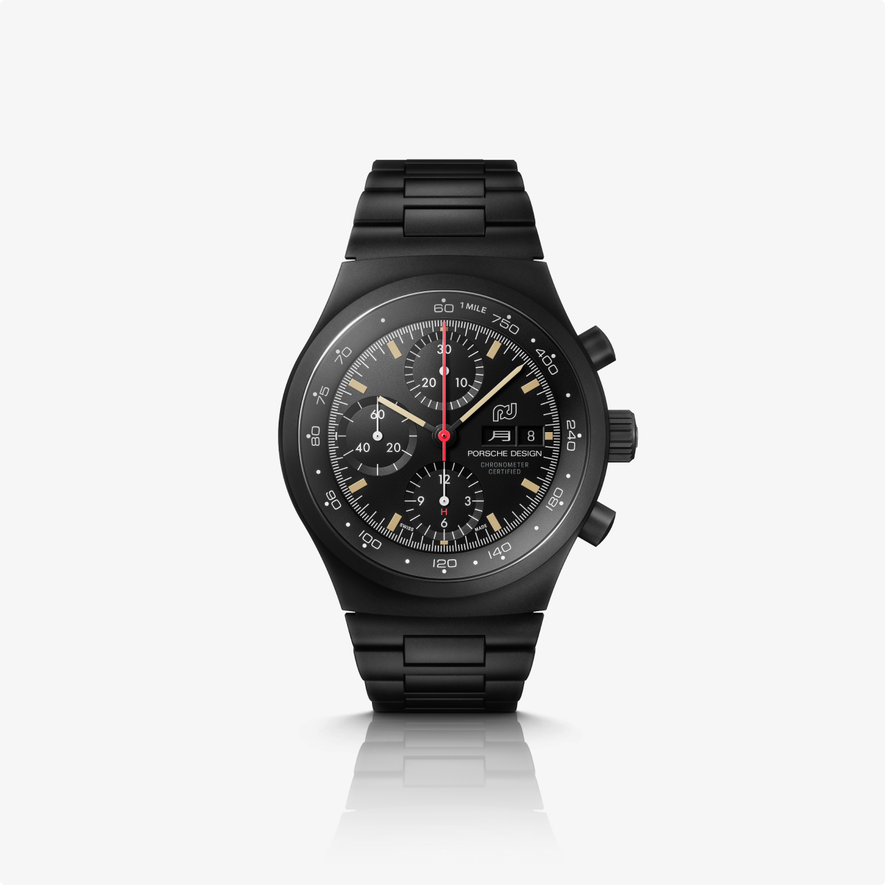 The Porsche Design Chronograph 1 Hodinkee 2024 Edition features a black metal band and an intricate analog face, shown on a white background.