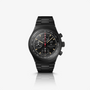 The Porsche Design Chronograph 1 Hodinkee 2024 Edition features a black metal band and an intricate analog face, shown on a white background.