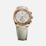 The Parmigiani Fleurier TONDA PF Sport wristwatch features a rose gold case, textured white face, and a light beige woven strap, shown on a plain white background.