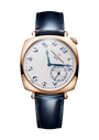 Rose gold square watch with cream dial, blue Arabic numerals, blue leather strap, and small seconds subdial.
