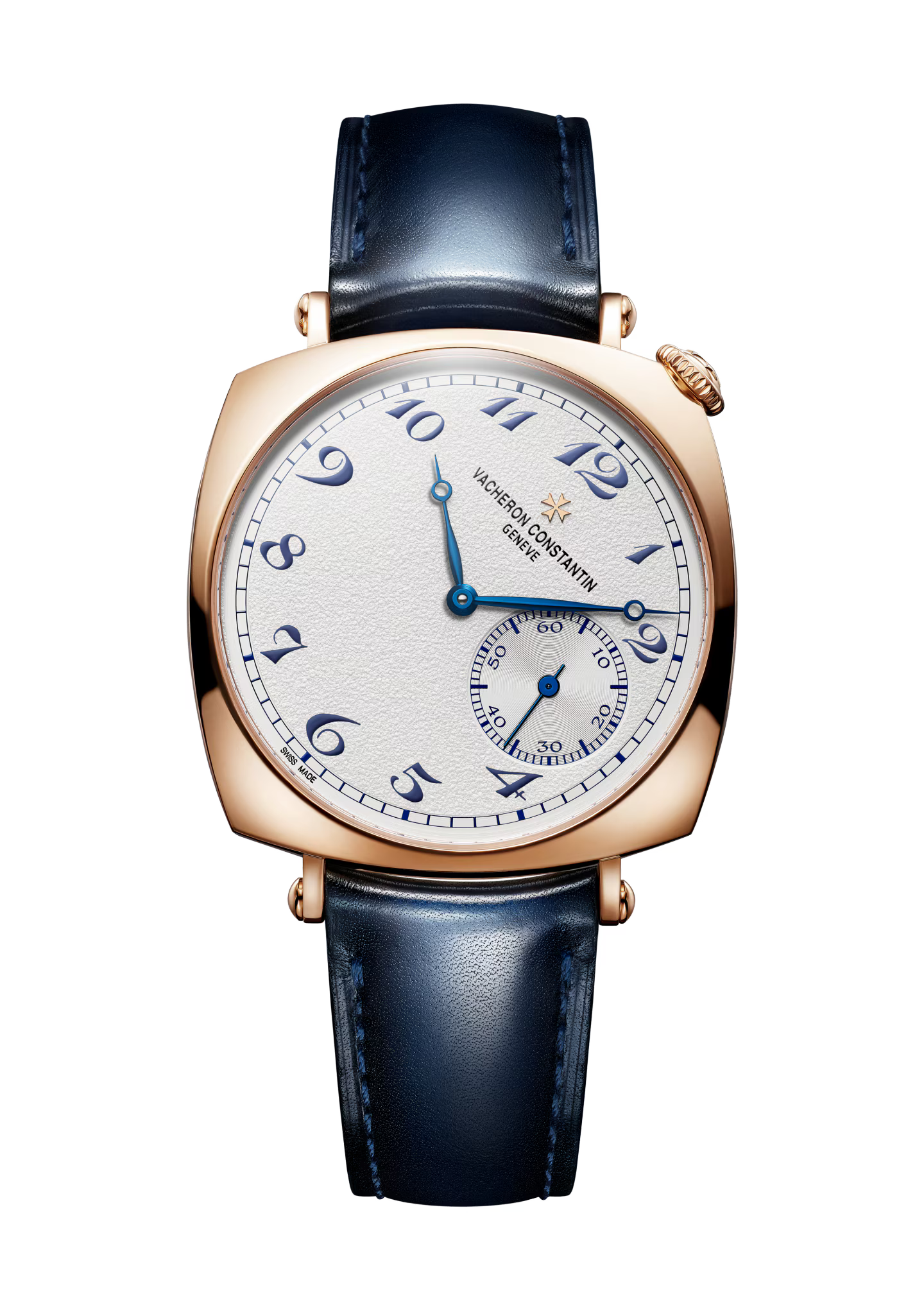 Rose gold square watch with cream dial, blue Arabic numerals, blue leather strap, and small seconds subdial.