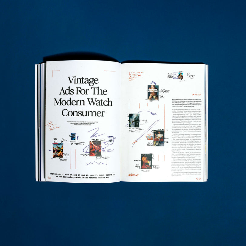 An open HODINKEE Magazine, Volume 12 by Hodinkee displays “Vintage Ads For The Modern Watch Consumer” with annotated vintage watch ads on a dark blue background.