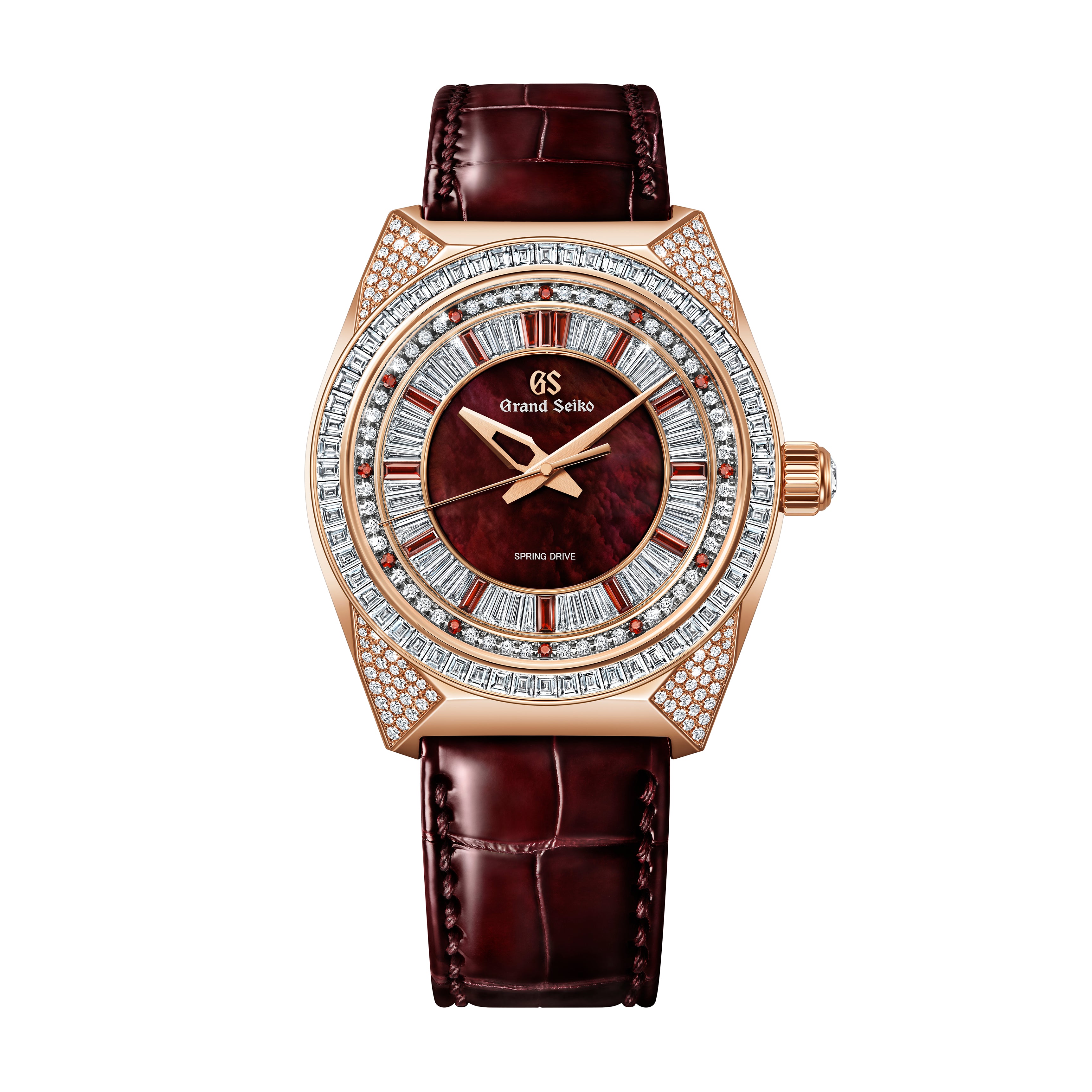 Grand Seiko watch with rose gold case, diamond-set bezel, deep red dial, and burgundy leather strap.