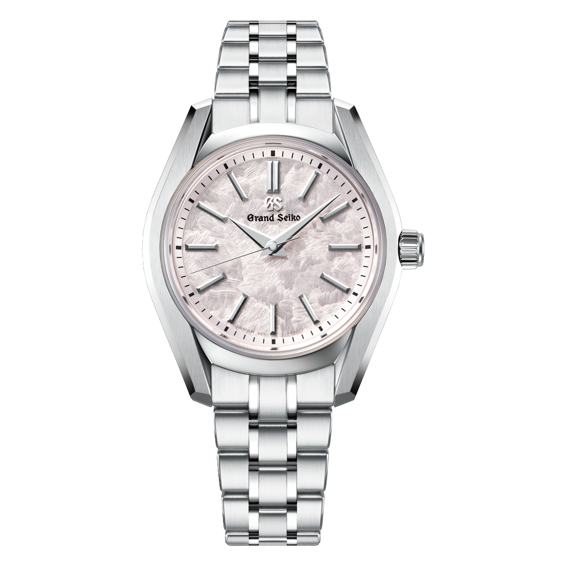 Silver-tone Grand Seiko watch with light pink dial, textured surface, hour markers, and matching metal bracelet.