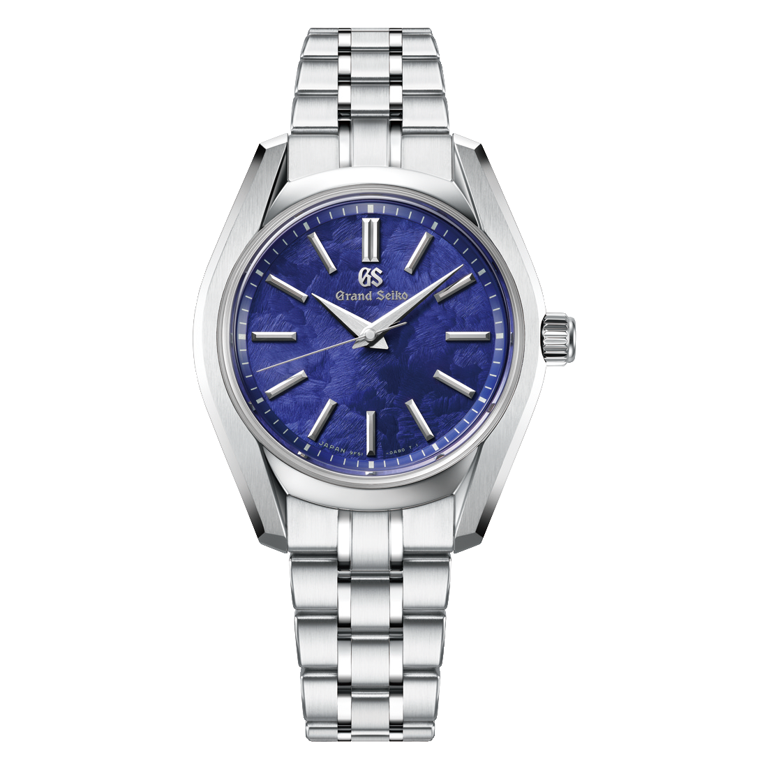 Silver stainless steel watch with blue dial, gold hour markers, and three-link metal bracelet.