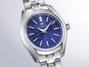 Silver stainless steel watch with blue dial, silver hour markers, and matching metal bracelet.