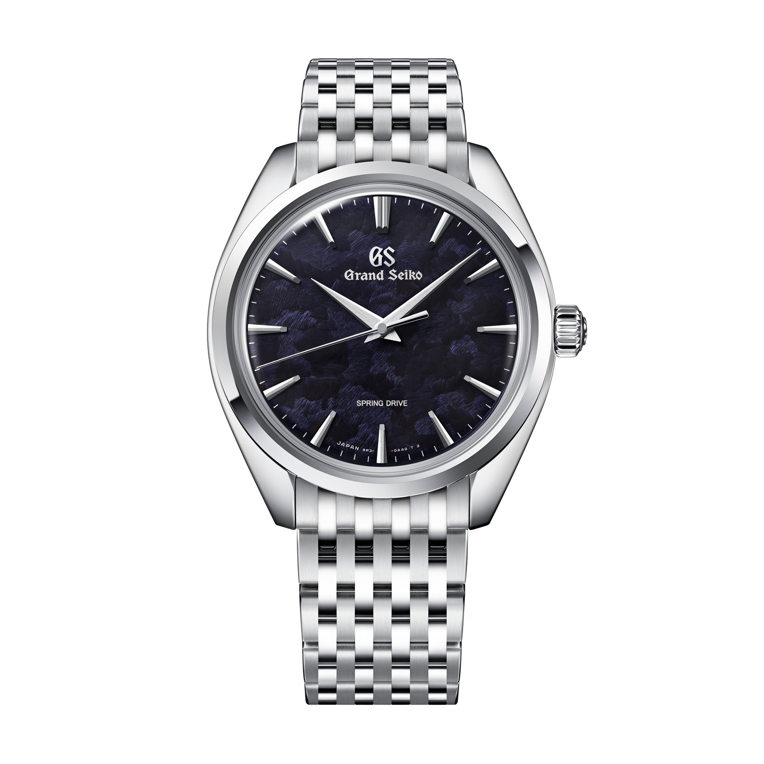 Grand Seiko stainless steel watch with dark blue dial, silver hour markers, and matching metal bracelet.