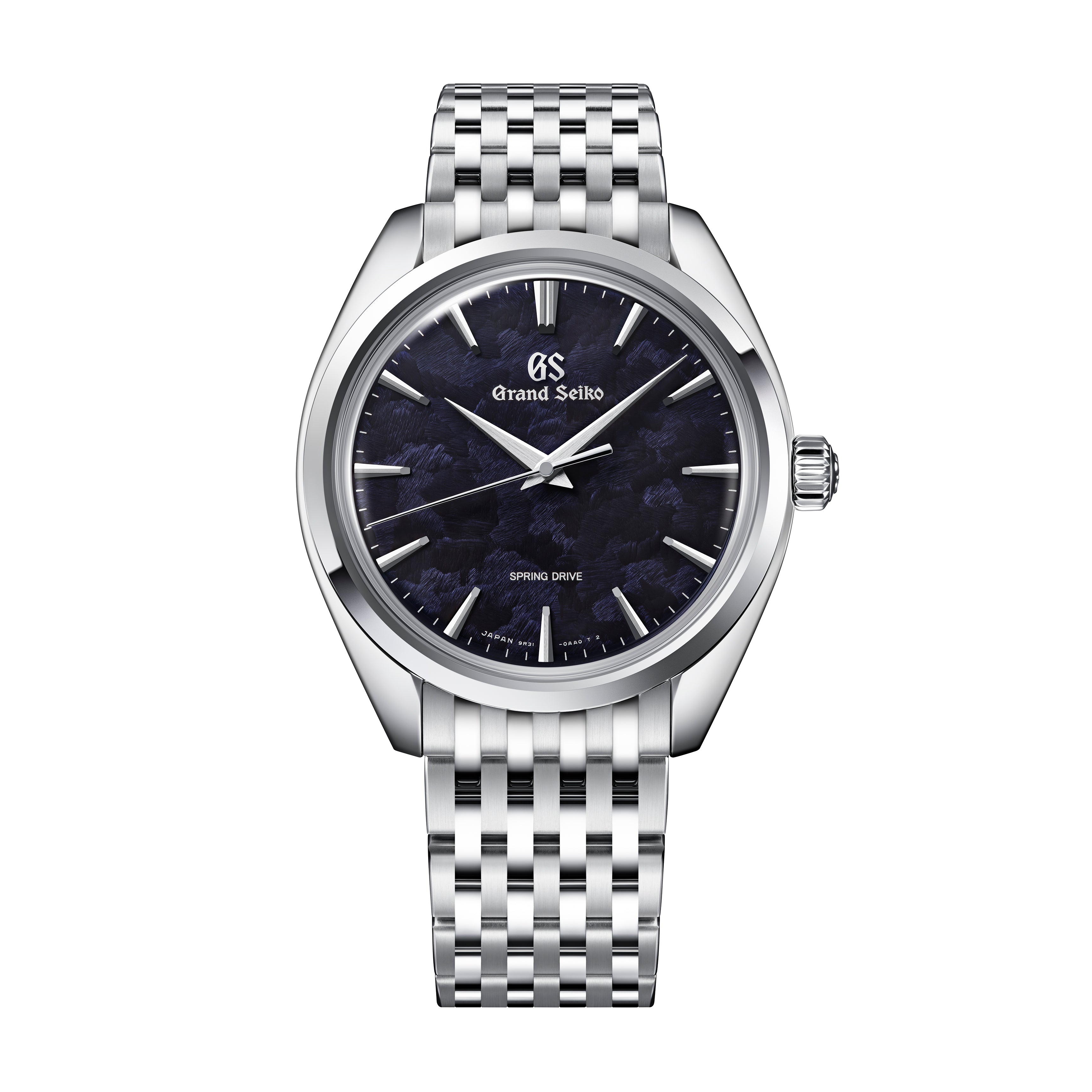 Grand Seiko stainless steel watch with dark blue dial, silver hour markers, and matching metal bracelet.