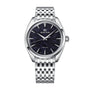 Grand Seiko stainless steel watch with dark blue dial, silver hour markers, and matching metal bracelet.