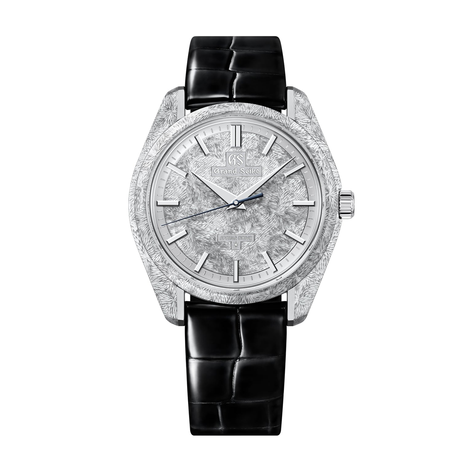 Silver tonneau watch with textured dial, applied hour markers, and black crocodile leather strap.