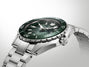 Stainless steel dive watch with green sunburst dial, black bezel, and matching bracelet.