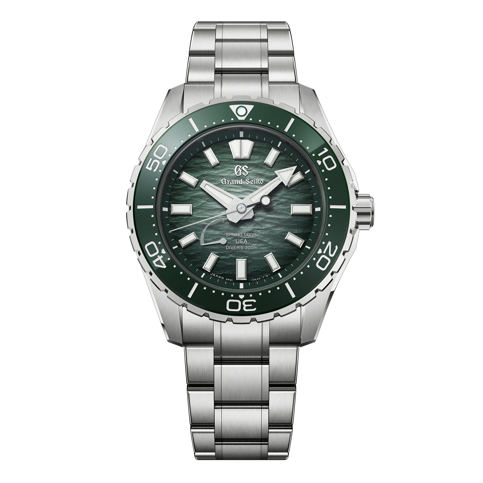 Grand Seiko diver watch with green dial, green bezel, and stainless steel bracelet.