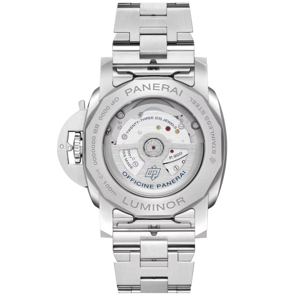 The back view of the Panerai Luminor Quaranta BiTempo wristwatch reveals its automatic mechanical movement through a transparent case back, featuring engraved text and visible intricate components.