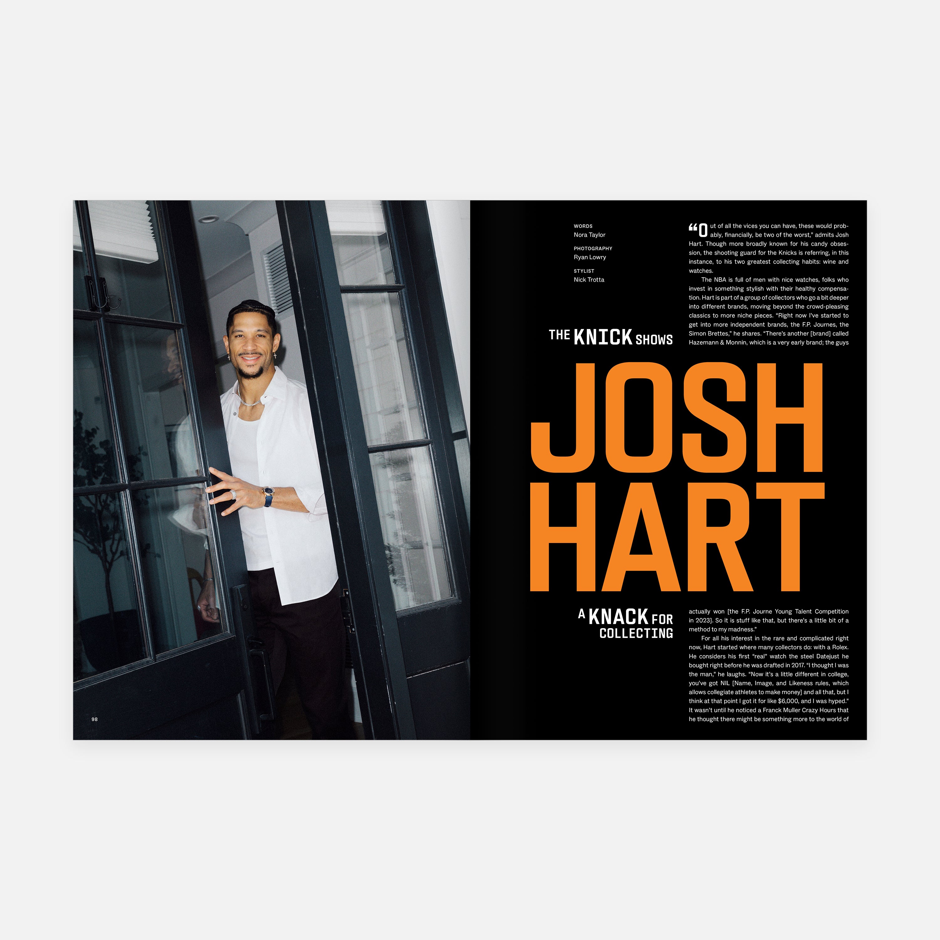 Magazine layout featuring a man in a white shirt with 'The Knick' branding and text about Josh Hart.