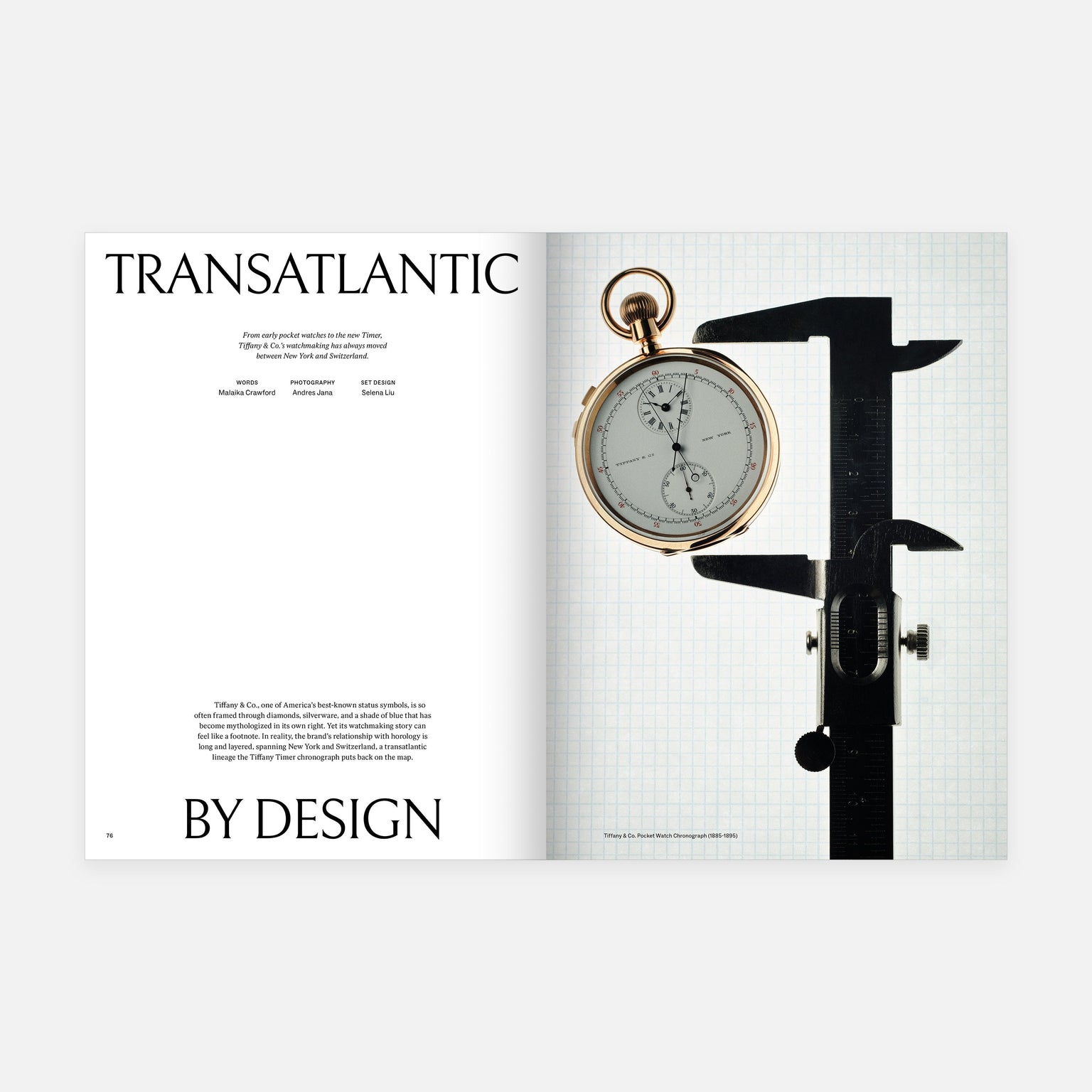 Magazine cover with a pocket watch and caliper on a white background, featuring the text 'Transatlantic by Design'.