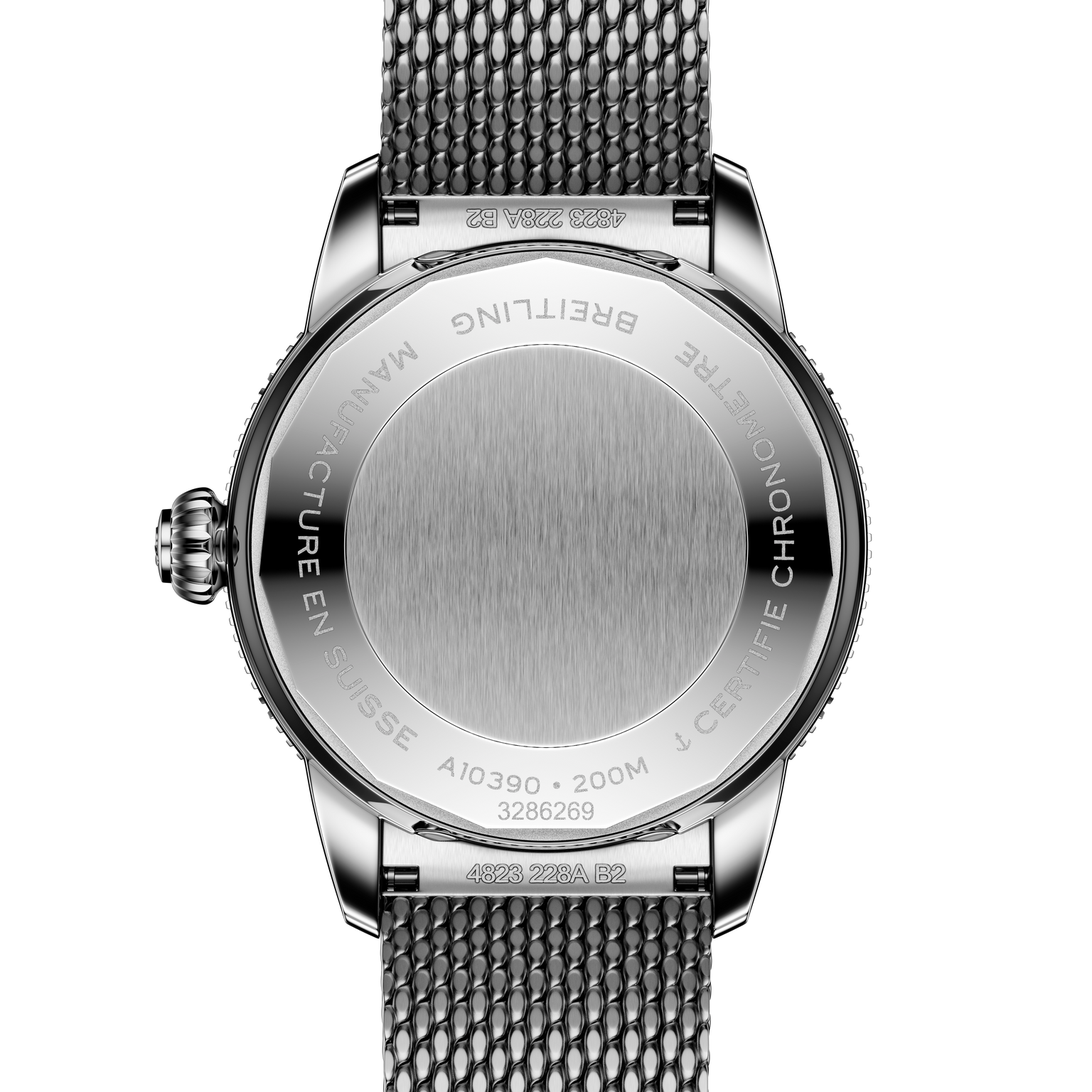 Back view of the Breitling Superocean Heritage Automatic 36, featuring a metal mesh strap and engraved case details against a black background.