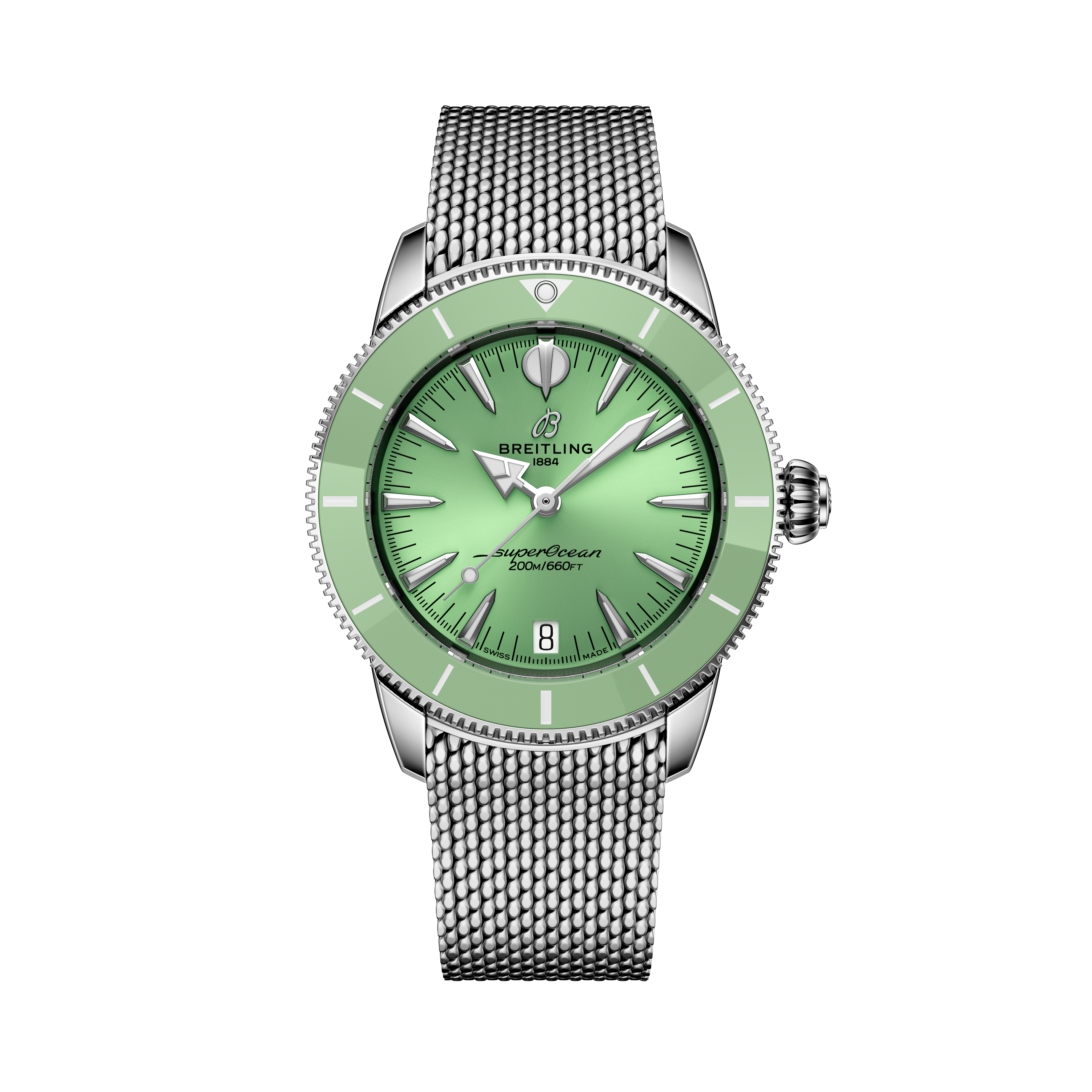 The Breitling Superocean Heritage Automatic 36 features a green dial and bezel, silver hour markers, and a silver mesh strap, showcased on a black background.