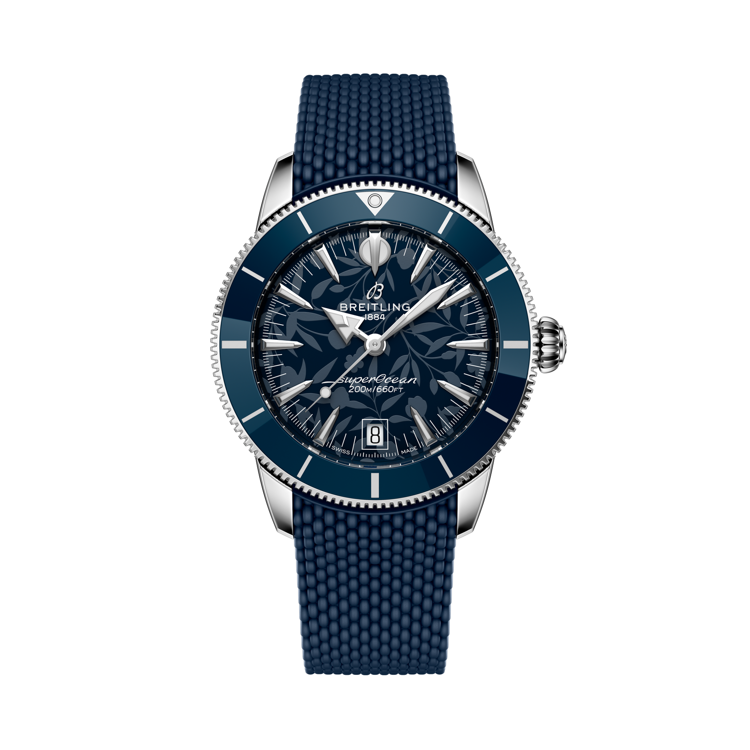 The Breitling Superocean Heritage B31 Automatic 40 Kelly Slater features a blue strap, a patterned blue dial, and silver markers and hands.
