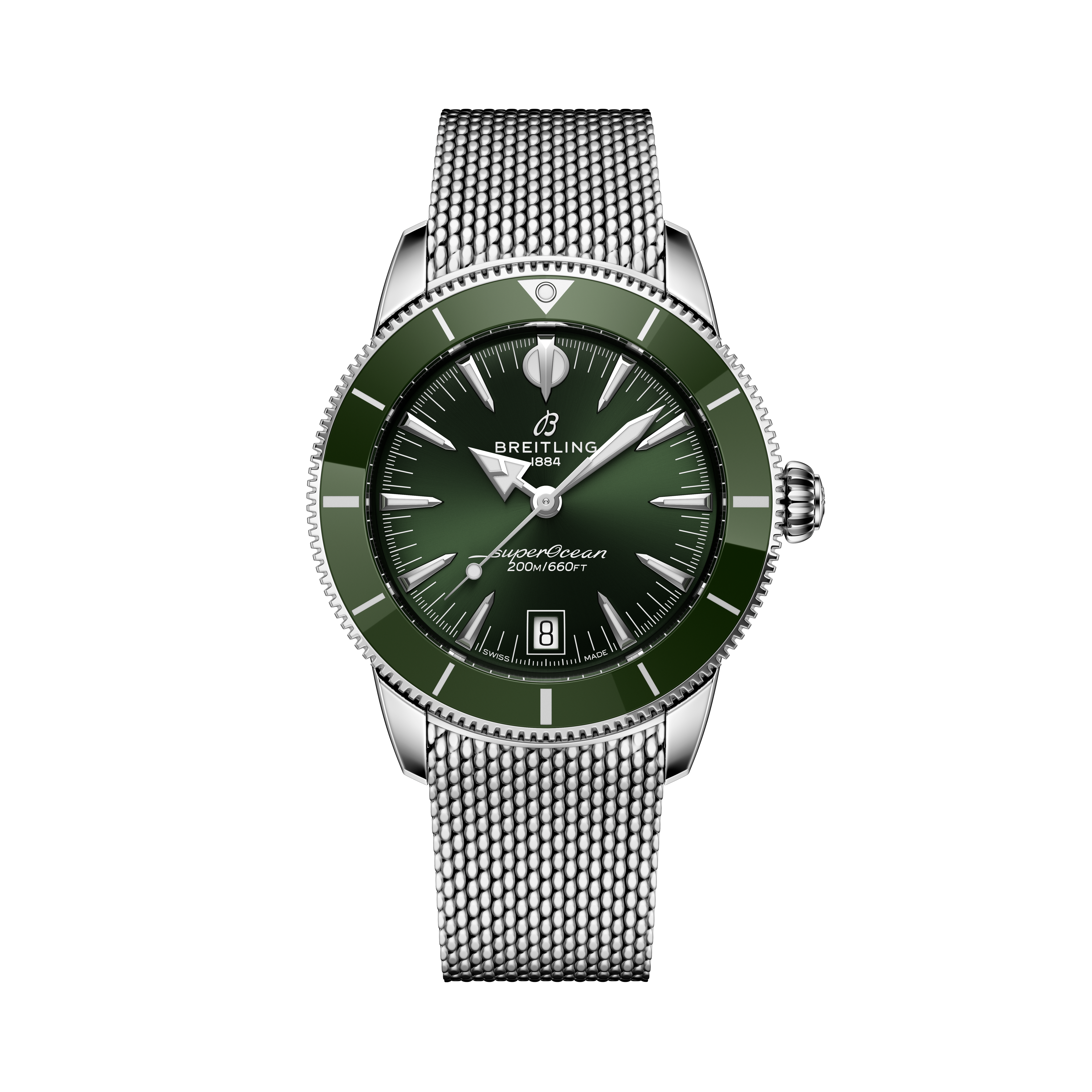 The Breitling Superocean Heritage B31 Automatic 40 features a green dial, mesh stainless steel band, and a date display at 6 o’clock.