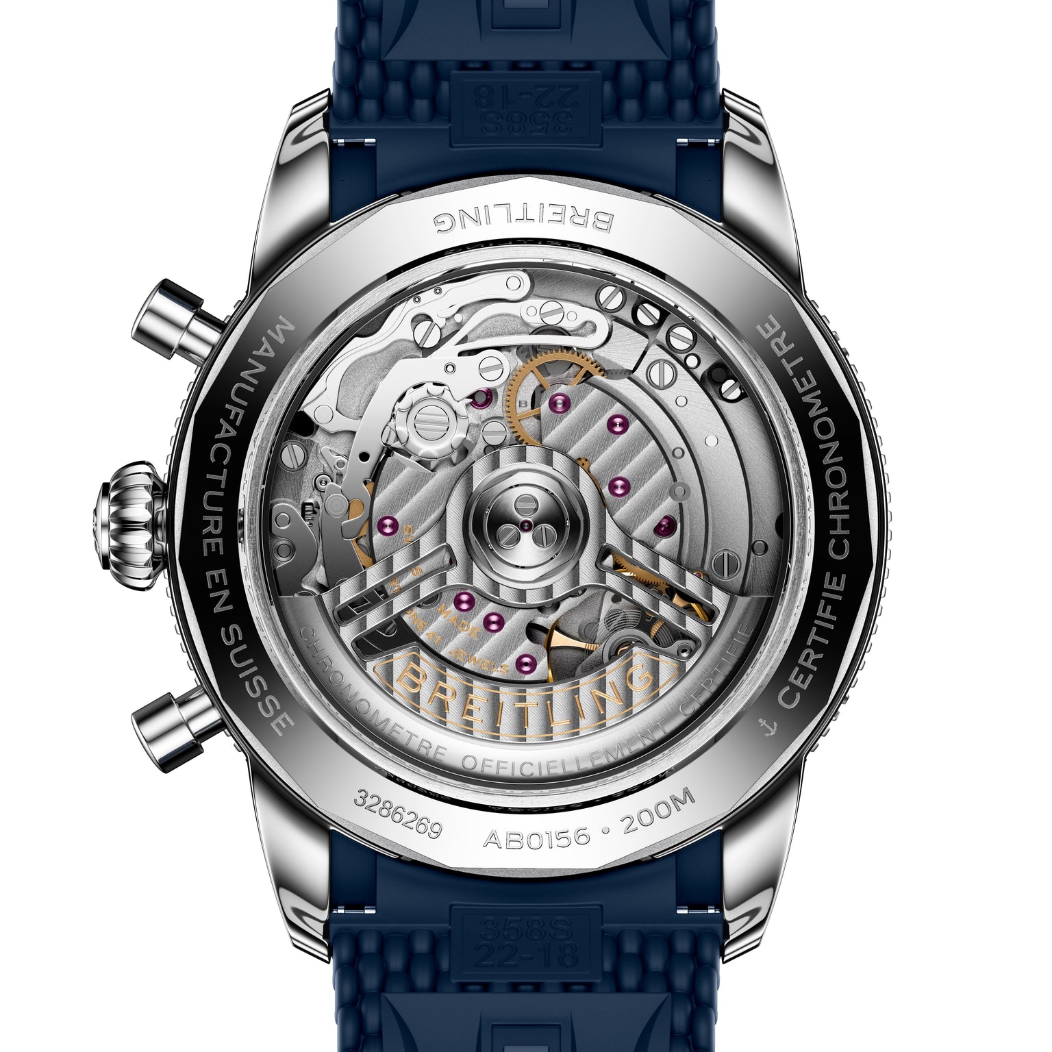 Close-up of the Breitling Superocean Heritage B01 Chronograph 42’s transparent case back reveals its intricate mechanical movement and blue strap.