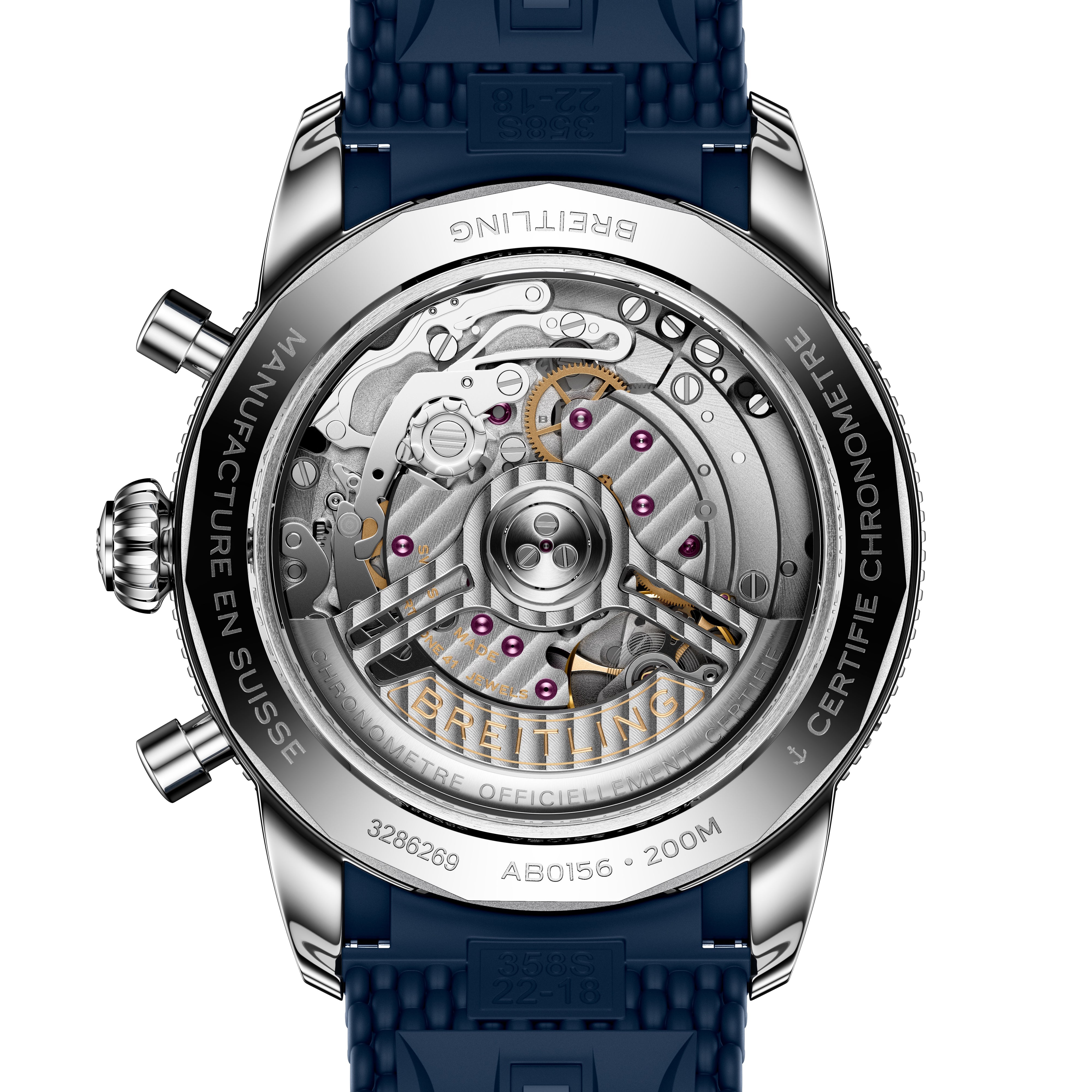 Close-up of the Breitling Superocean Heritage B01 Chronograph 42’s transparent case back reveals its intricate mechanical movement and blue strap.