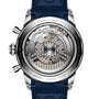 Close-up of the Breitling Superocean Heritage B01 Chronograph 42’s transparent case back reveals its intricate mechanical movement and blue strap.